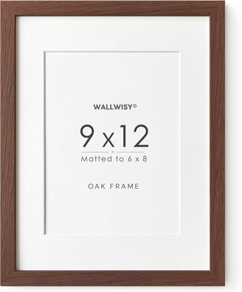 wallwisy 9x12 Wood Frame, Solid Oak 9x12 Picture Frame with Mat to 6x8, Natural Oak 12x9 Frames, (Walnut Set of 1) - Image 1