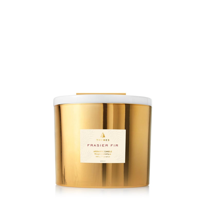 Thymes Frasier Fir Gilded Gold 3-Wick Candle - Scented Candle with a Crisp Just-Cut Forest Fragrance - Luxury Home Fragrance - Elegant Holiday Candle - Gold Jar Candle (17 oz) - Image 1