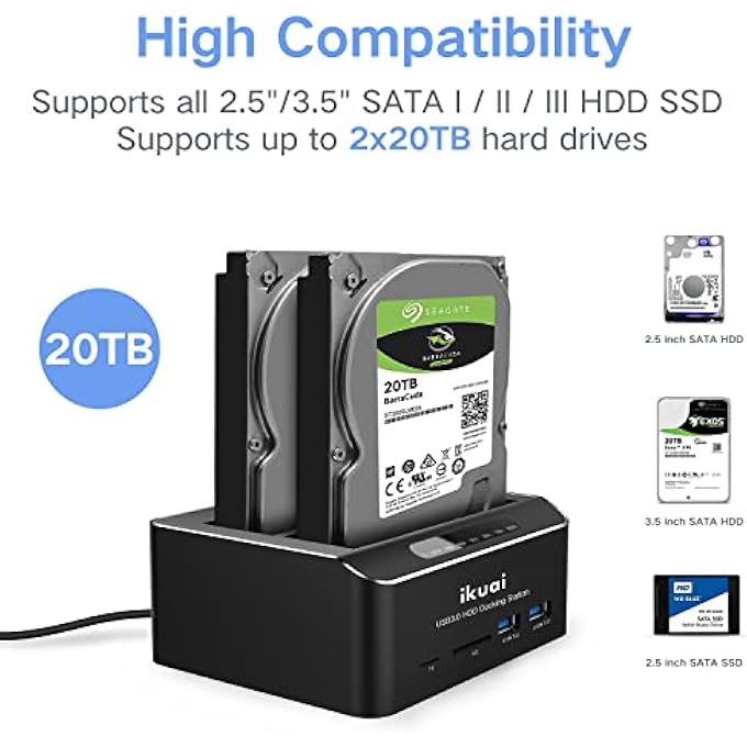 ikuai SATA TO USB 3.0 DUAL BAY HARD DRIVE DOCK FOR 2.5"/3.5" SATA HDD SSD WITH SD TF CARD READER 2 USB 3.0 PORT AND OFFLINE CLONE FUNCTION EXTERNAL HARD DRIVE DOCKING STATION (2X20TB AND UASP SUPPORT) - Image 3