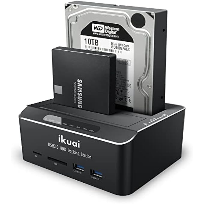 ikuai SATA TO USB 3.0 DUAL BAY HARD DRIVE DOCK FOR 2.5"/3.5" SATA HDD SSD WITH SD TF CARD READER 2 USB 3.0 PORT AND OFFLINE CLONE FUNCTION EXTERNAL HARD DRIVE DOCKING STATION (2X20TB AND UASP SUPPORT) - Image 1