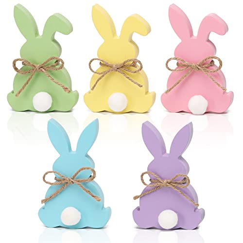 NEWLIGHTURE Easter Decorations, 5pcs Wooden Easter Bunny Table Sign with Jute Rope, Easter Wood Tiered Tray Decor Freestanding Easter Table Decorations - Image 1