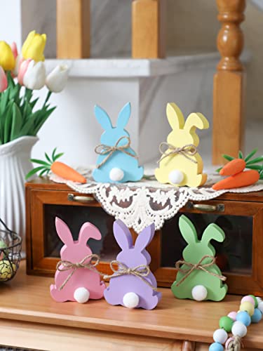 NEWLIGHTURE Easter Decorations, 5pcs Wooden Easter Bunny Table Sign with Jute Rope, Easter Wood Tiered Tray Decor Freestanding Easter Table Decorations - Image 5