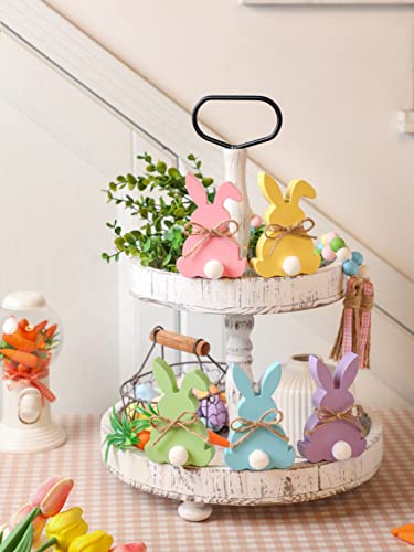NEWLIGHTURE Easter Decorations, 5pcs Wooden Easter Bunny Table Sign with Jute Rope, Easter Wood Tiered Tray Decor Freestanding Easter Table Decorations - Image 4