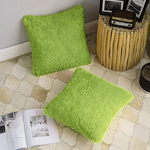 ANRODUO Pack of 2 Grinch Green Throw Pillow Covers Luxury Fluffy Pillows Faux Fur Decorative Pillows Plush Cushion Case Fuzzy Mongolian Merin Style for Bed Couch Living Room Summer Decor 18x18 Inch - Image 3