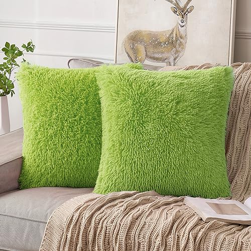 ANRODUO Pack of 2 Grinch Green Throw Pillow Covers Luxury Fluffy Pillows Faux Fur Decorative Pillows Plush Cushion Case Fuzzy Mongolian Merin Style for Bed Couch Living Room Summer Decor 18x18 Inch - Image 1