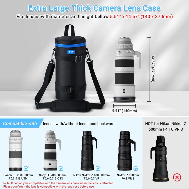JJC Extra Large Thick Camera Lens Case Bag for Canon RF 200-800mm F6.3-9 IS for Nikon 180-600mm/600mm F6.3 for Sony FE 200-600mm Zoom 400-800mm F6.3-8 G &Teleconverte,Fits Lenses Below 5.5x14.6"(D x L) - Image 2