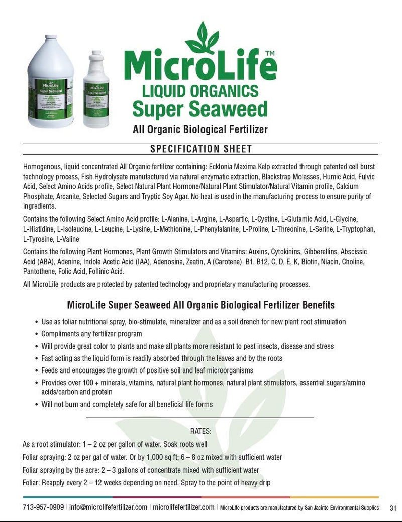 MicroLife Super Seaweed Professional Grade Organic Liquid Concentrate Root Stimulator & Foliar Nutritional Spray for All Plants, 1 Quart - Image 3