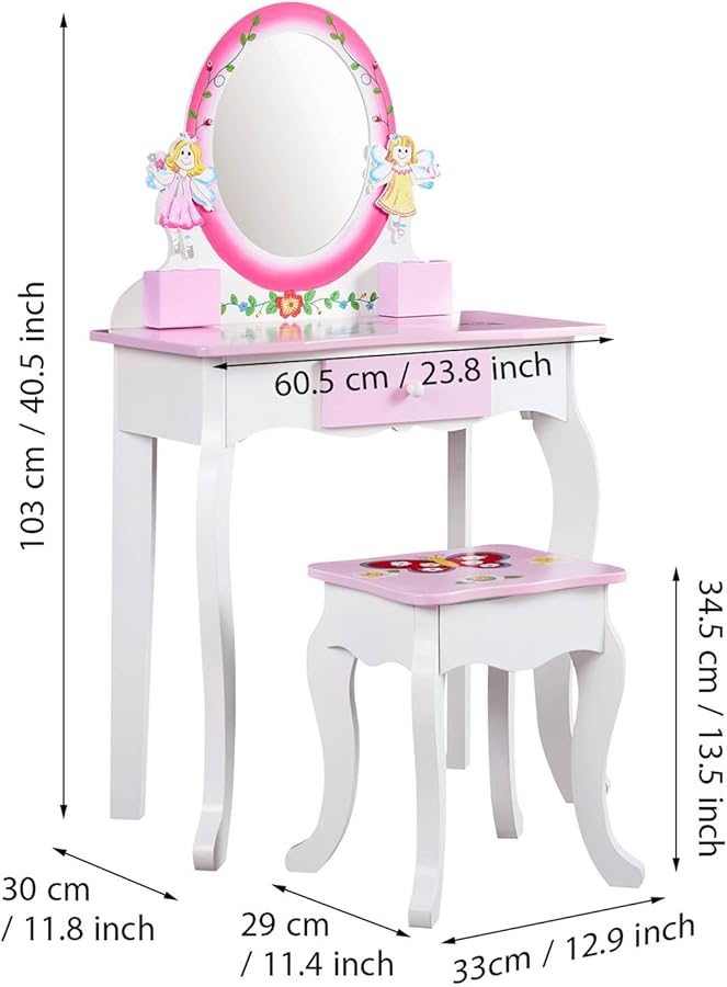 طقم طاولة الزينة والكرسي الأميرة الوردي الأبيض مع درج 23.8 × 11.8 × 40.5 بوصة - Image 3