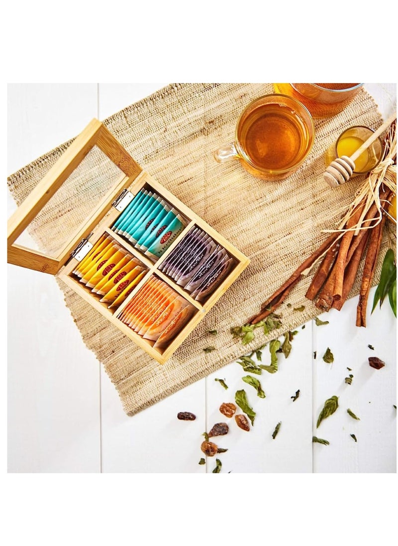 Tea Box Made with premium Quality Bamboo Material - 4 Compartment Tea Organizer - With Transparent Glass Lid