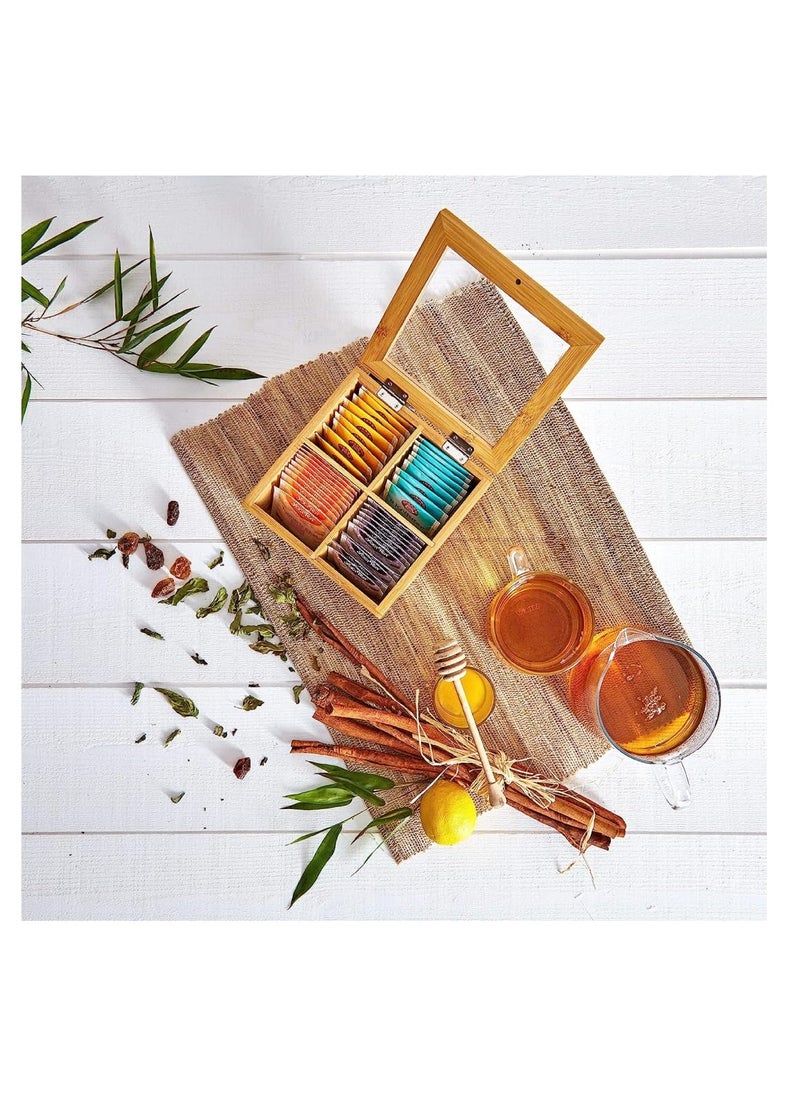 Tea Box Made with premium Quality Bamboo Material - 4 Compartment Tea Organizer - With Transparent Glass Lid