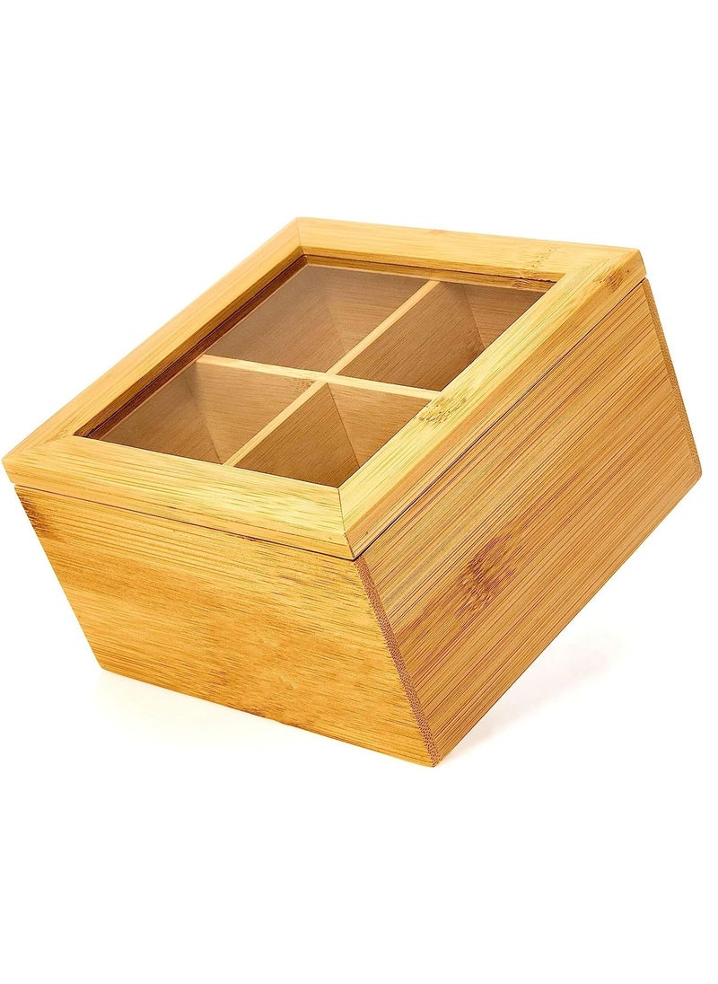 Tea Box Made with premium Quality Bamboo Material - 4 Compartment Tea Organizer - With Transparent Glass Lid