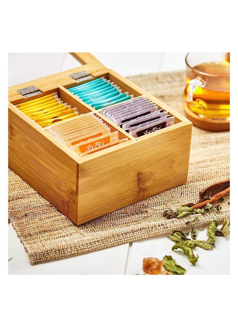 Tea Box Made with premium Quality Bamboo Material - 4 Compartment Tea Organizer - With Transparent Glass Lid