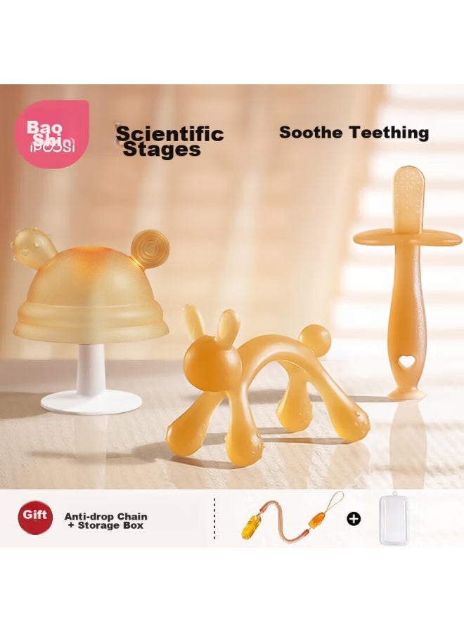 Bao Shi Baoshi Baby Teething Toys For 3-6 Months, Silicone Teether, Mushroom-shaped Teething Stick, Anti-thumb ing Device, 3-piece Set - Image 1