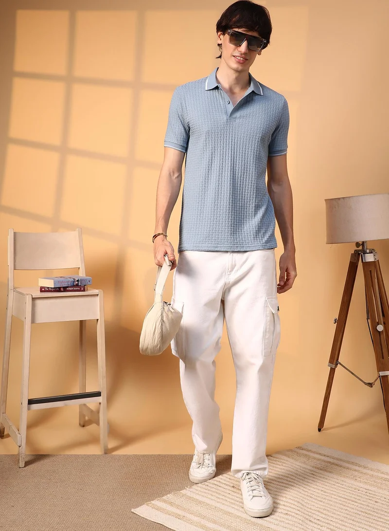 Campus Sutra Men's Powder Blue Interweave-Textured Polo T-Shirt
