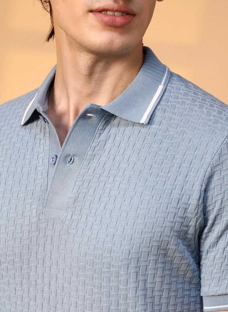 Campus Sutra Men's Powder Blue Interweave-Textured Polo T-Shirt