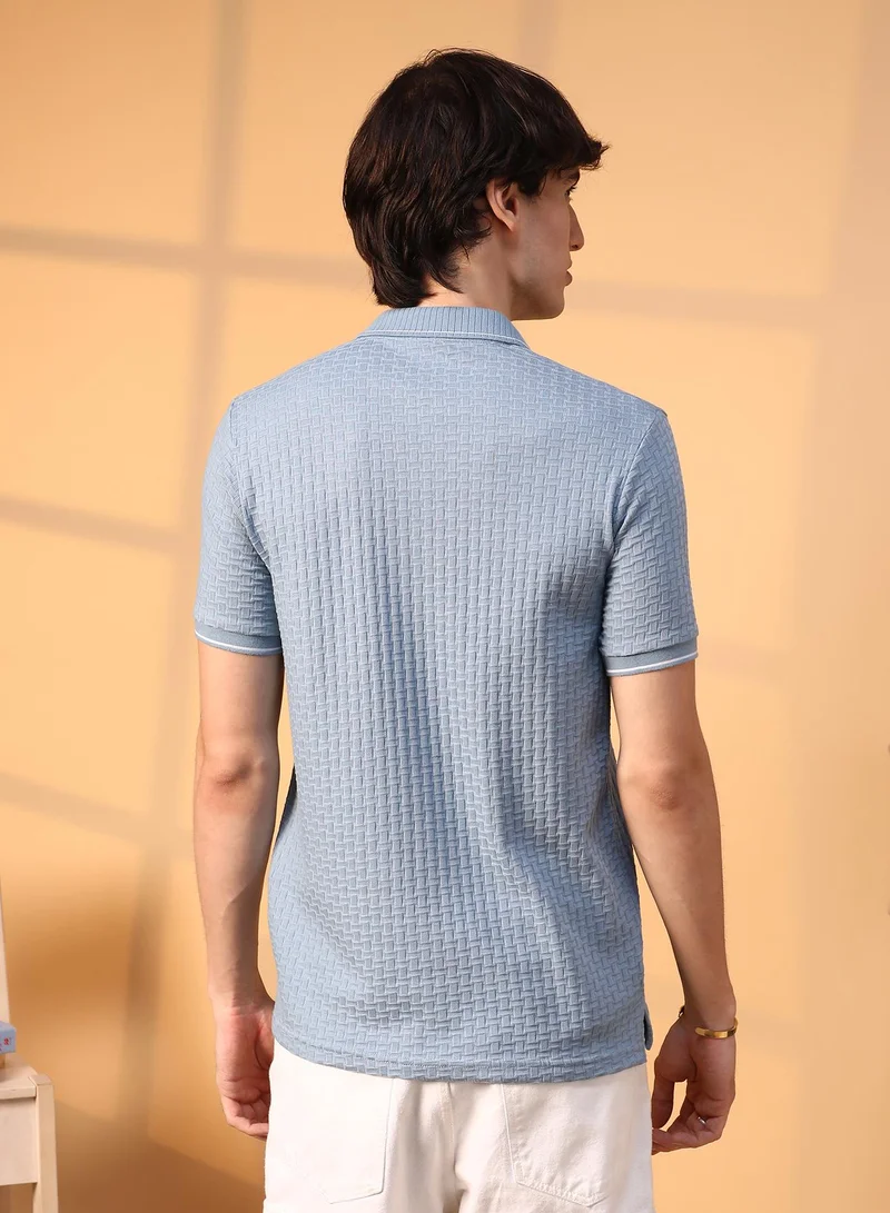 Campus Sutra Men's Powder Blue Interweave-Textured Polo T-Shirt