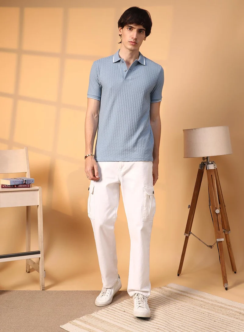 Campus Sutra Men's Powder Blue Interweave-Textured Polo T-Shirt