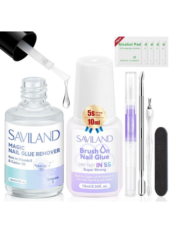 Saviland Nail Glue Remover Nail Glue Duo: Cuticle Oil Pen Nail Glue Remover For Press On Nails Nail Glue 5S Dry Super Strong, Castor Oil Ve Fast & Gentle Nail Glue Remover For Acrylics, Gel X Nails  - Image 1