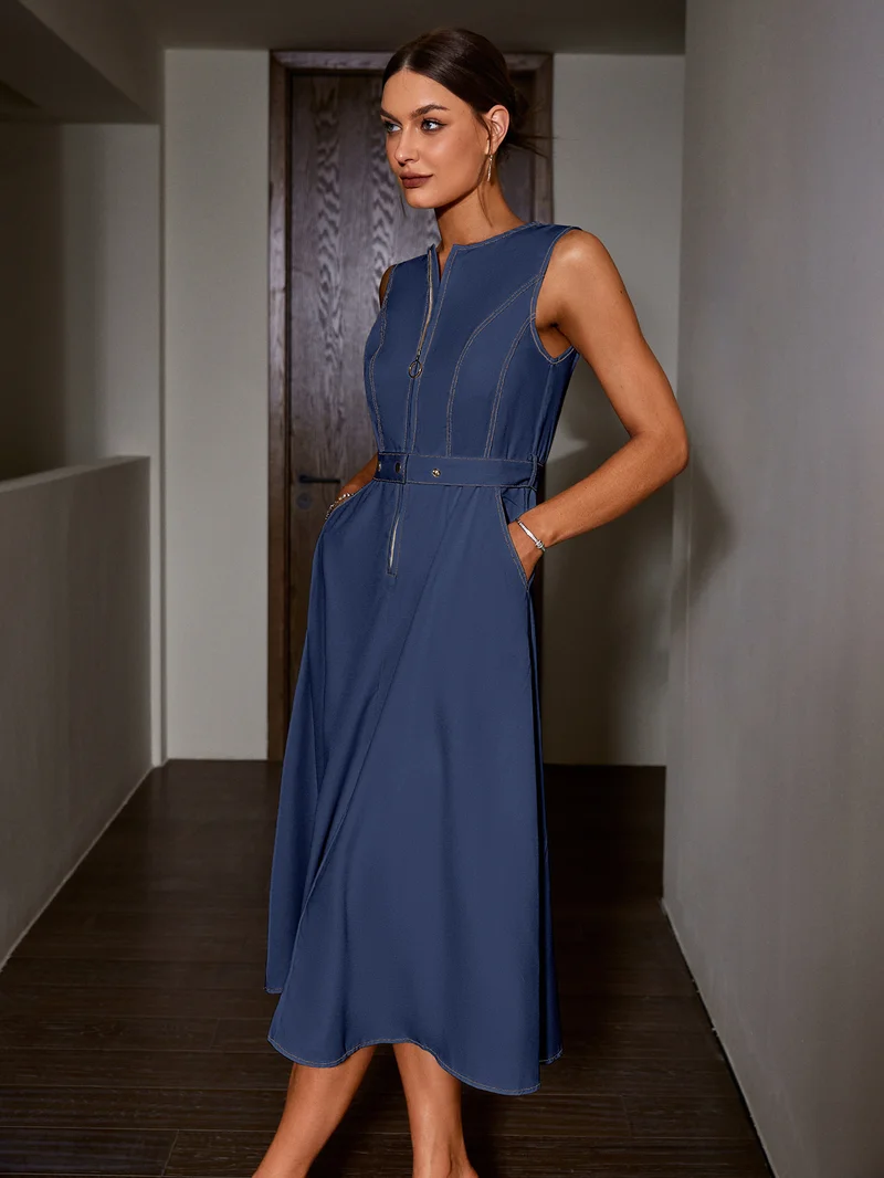 Simplee Lapel Sleeveless Shirt Midi Dress, Single Breasted Waist Cinched A Line Silhouette, Office Casual Dress