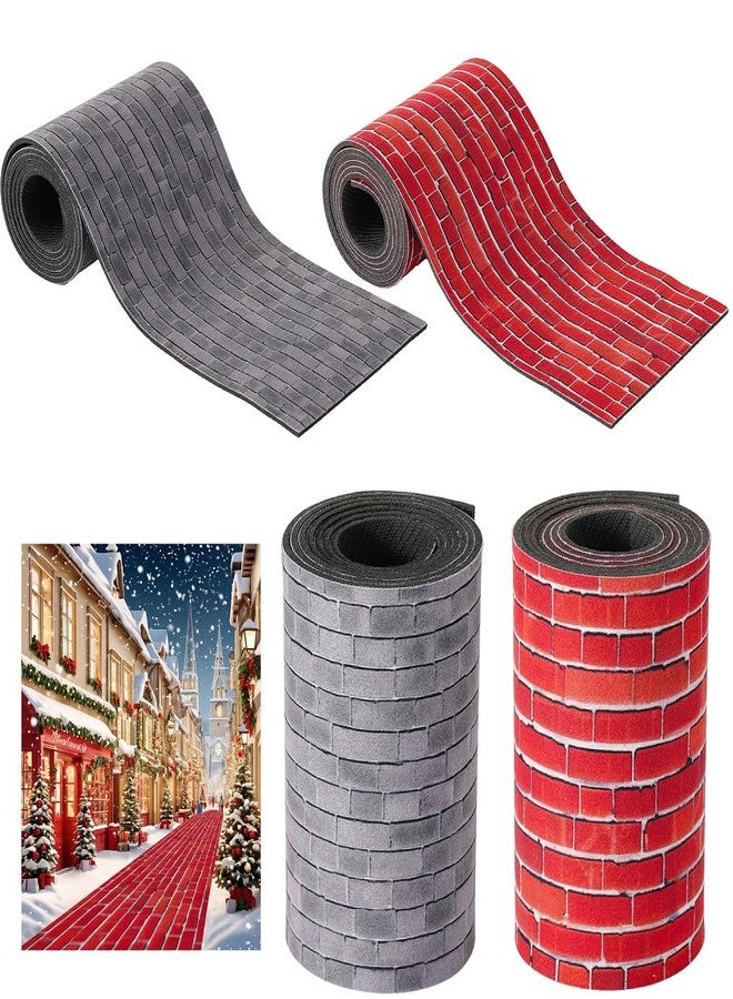 Lovyno 4 Pcs Christmas Village Red Brick Road, 47.2 x 4.7 Inch Miniature Street Landscape Roll, Cuttable Village Paths Road for Christmas Village Accessories-DIY Home Garden Street Decor - Image 1