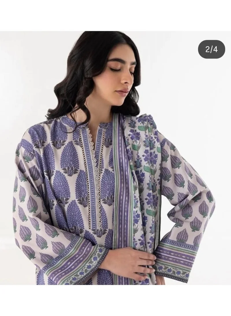 BAZM  2-Piece Printed Shirt and Duppatta Set, White and Blue for Women | Best Price UAE