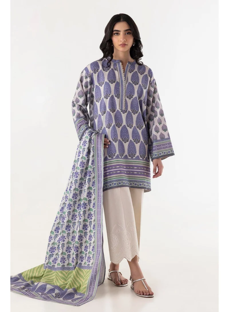 2-Piece Printed Shirt and Duppatta Set, White and Blue