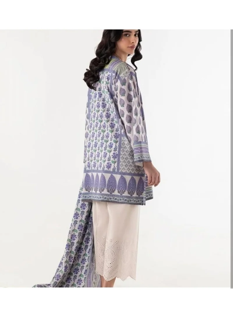 BAZM 2-Piece Printed Shirt and Duppatta Set, White and Blue