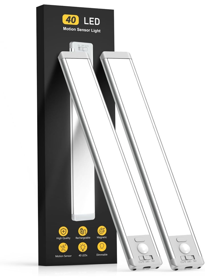 Under Cabinet Lights,40 LED Rechargeable Battery Operated Motion Sensor Light Indoor, 2 Pack Magnetic Dimmable Closet Lights, Wireless Under Counter Lights for Kitchen, Stairs - Image 1