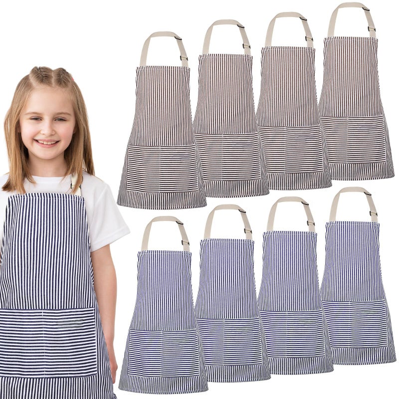 Newcotte 8 Pieces Kids Apron Toddler Cotton Adjustable Bib Chef Apron with 2 Pockets for Boys and Girls Children (Blue,Brown) - Image 1