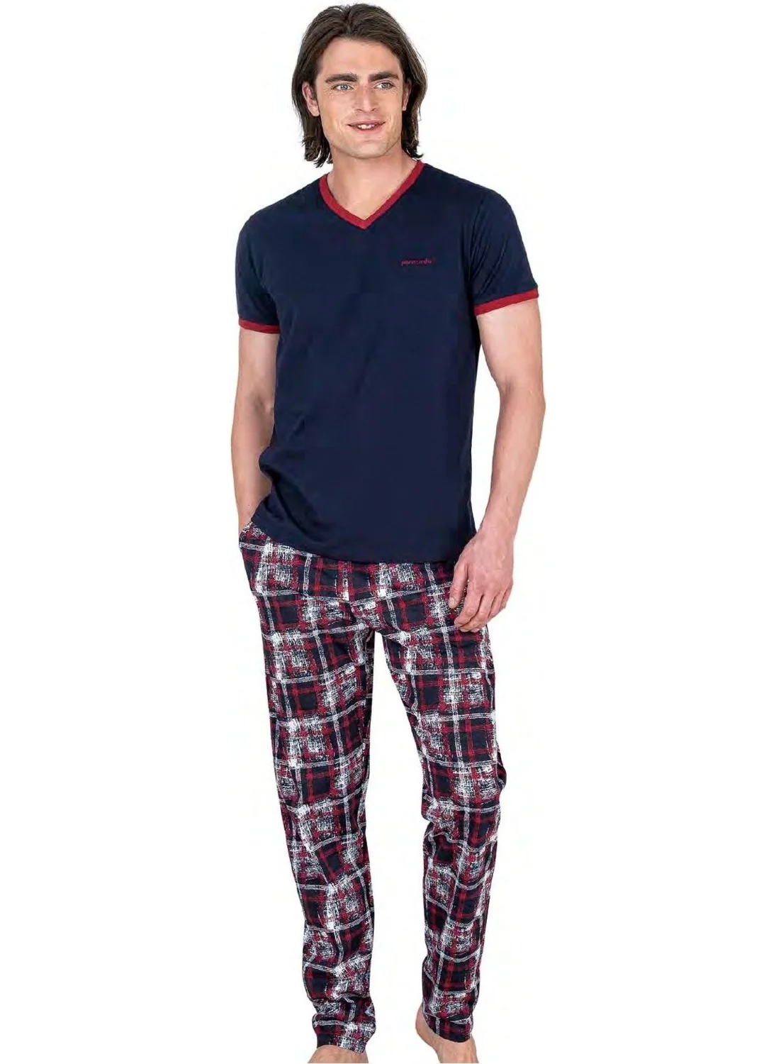 بيير كاردان 6046 Men's Short Sleeve Combed Cotton Pajama Set-Navy Blue
