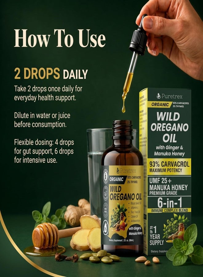 PURETREX Organic Oil of Oregano Drops with Black Seed Oil, Wild Herbal Extract 93% Carvacrol, Liquid Tincture with Ginger & Manuka Honey UMF 25+, High Potency Botanical Blend, 60ml - Image 4