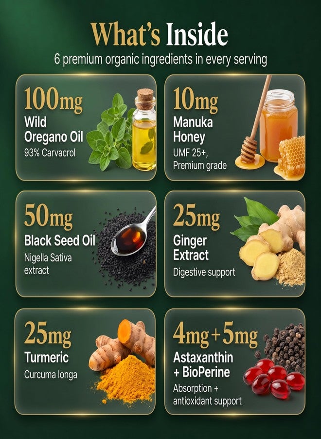 PURETREX Organic Oil of Oregano Drops with Black Seed Oil, Wild Herbal Extract 93% Carvacrol, Liquid Tincture with Ginger & Manuka Honey UMF 25+, High Potency Botanical Blend, 60ml - Image 2