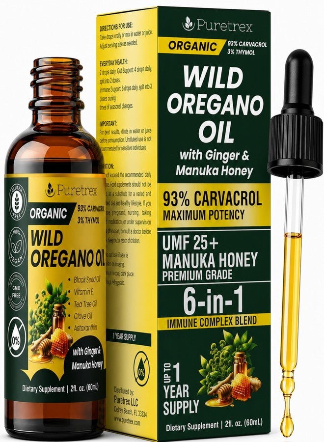 PURETREX Organic Oil of Oregano Drops with Black Seed Oil, Wild Herbal Extract 93% Carvacrol, Liquid Tincture with Ginger & Manuka Honey UMF 25+, High Potency Botanical Blend, 60ml - Image 1
