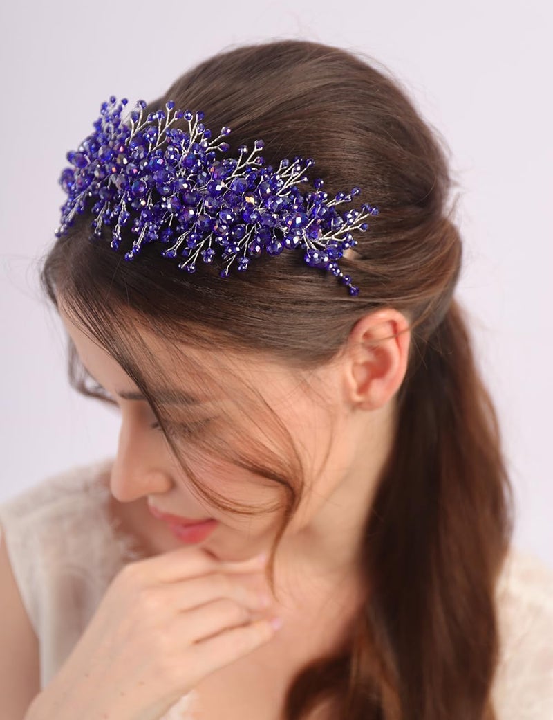 Rumtock Blue Rhinestones Beads Hair Crown for Wedding Brides Women Tiara Jewelry Handmade Sparkle Hair Piece (Blue) - Image 3