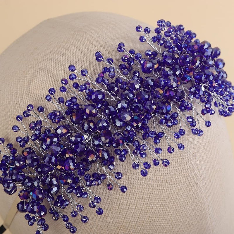 Rumtock Blue Rhinestones Beads Hair Crown for Wedding Brides Women Tiara Jewelry Handmade Sparkle Hair Piece (Blue) - Image 5