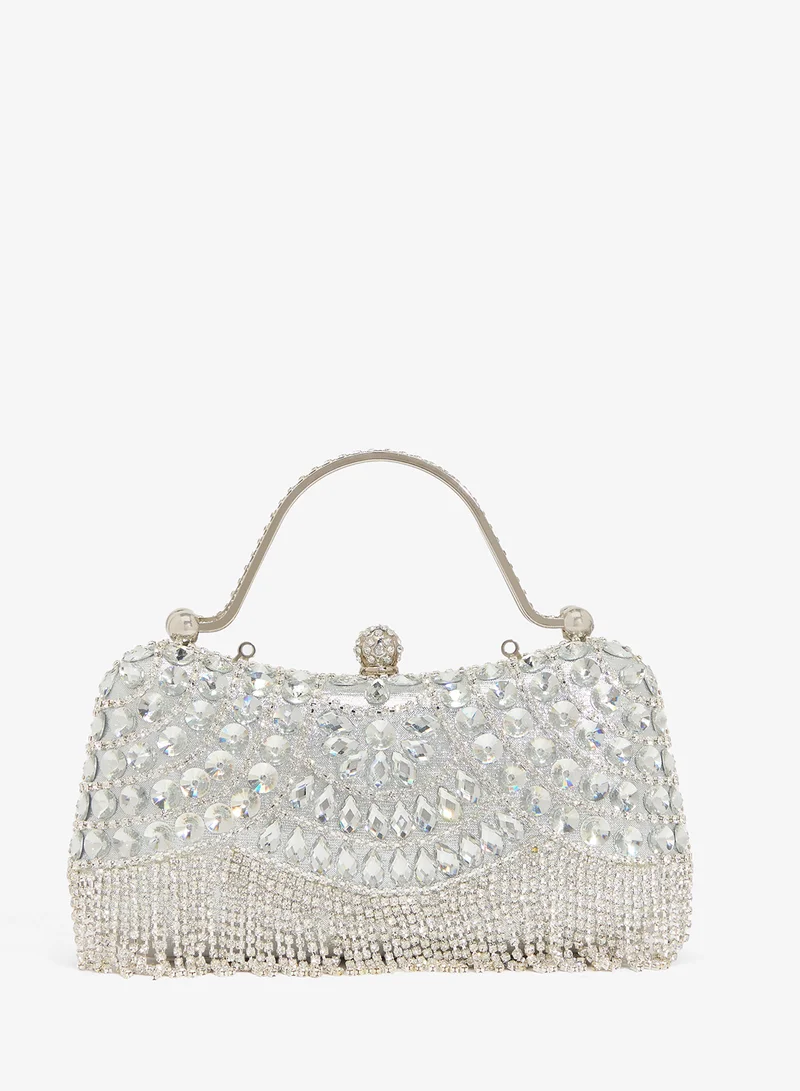 Silver Metallic Embellished Detailed Clutch