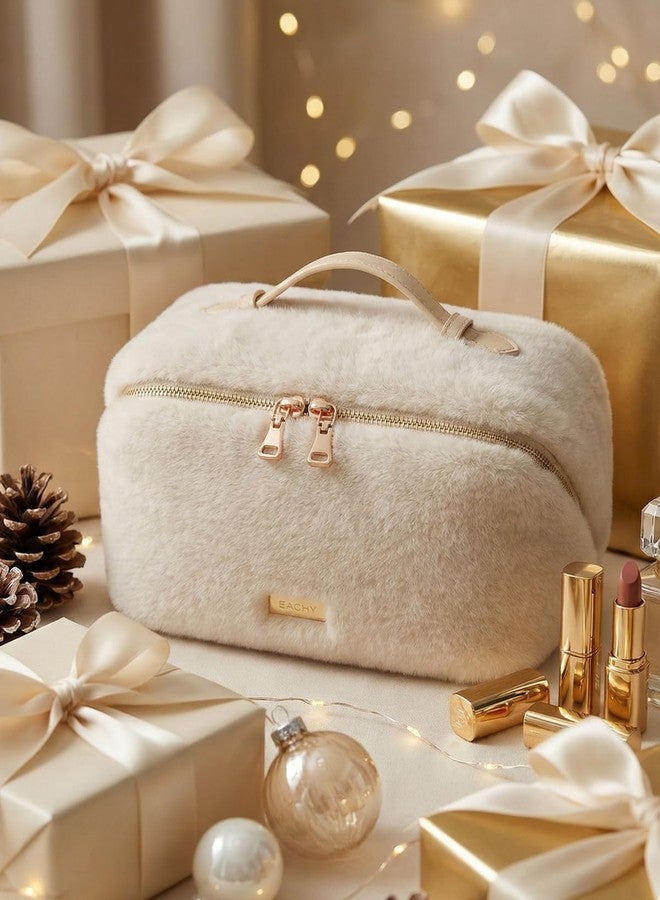 EACHY Travel Makeup Bag,Cute Faux Fur Cosmetic Bag for Women,Portable 180°Wide-Open Flat Toiletry Bag,Large Capacity Makeup Pouch Make up Organizer with Divider and Handle - Image 2