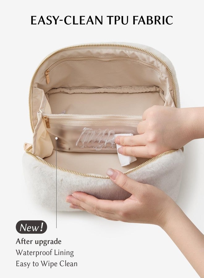EACHY Travel Makeup Bag,Cute Faux Fur Cosmetic Bag for Women,Portable 180°Wide-Open Flat Toiletry Bag,Large Capacity Makeup Pouch Make up Organizer with Divider and Handle - Image 4