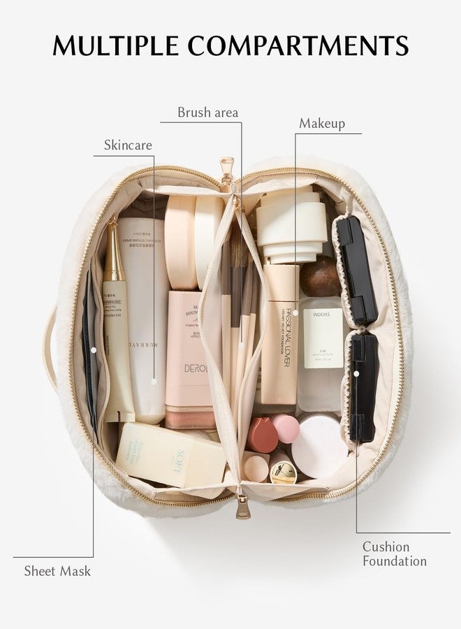 EACHY Travel Makeup Bag,Cute Faux Fur Cosmetic Bag for Women,Portable 180°Wide-Open Flat Toiletry Bag,Large Capacity Makeup Pouch Make up Organizer with Divider and Handle - Image 3