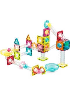PicassoTiles 60 Pc Magnet Tiles Building Block Travel Size Magnetic Marble Run Construction Toy Set Mini Diamond Marble Racetrack Building Blocks Playset Education Stem Learning Kit Boy Girl 3 Plus Ptmg60  - Image 1