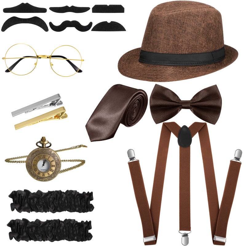 SATINIOR 1920s Old Men Costume Roaring Retro Accessories Set Gangster Hat Bow Tie Pocket Watch Suspender Glass Beard Tie Clip(Brown, Simple Style) - Image 1