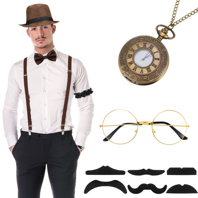 SATINIOR 1920s Old Men Costume Roaring Retro Accessories Set Gangster Hat Bow Tie Pocket Watch Suspender Glass Beard Tie Clip(Brown, Simple Style) - Image 4