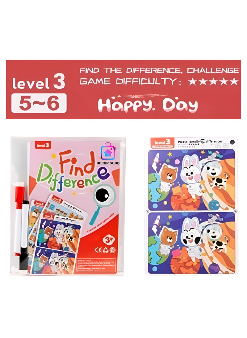 سوق الديكور لعبة ألغاز Find the Difference المستوى 3 - تتضمن 10 مجموعات بطاقات، 2 علامة مع ممحاة - نشاط بصري جذاب للأطفال والكبار - تعزيز الملاحظة والتركيز والمهارات الإدراكية - رسوم توضيحية ملونة مصممة للتعلم والمتعة - حلقة تخزين متينة وقابلة للحمل - مثالية للمنزل أو الفصول الدراسية أو السفر - تحدٍ تفاعلي لجميع الأعمار - شحذ التفكير النقدي مع كل لغز - لعبة تعليمية مثالية للنمو والترفيه - مواد عالية الجودة للاستخدام طويل الأمد  - Image 2