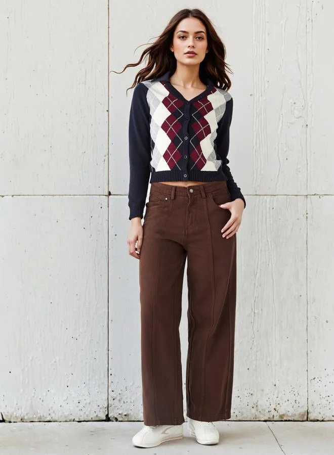 Lee Cooper Lee Cooper Argyle Print Cardigan with V-neck and Long Sleeves