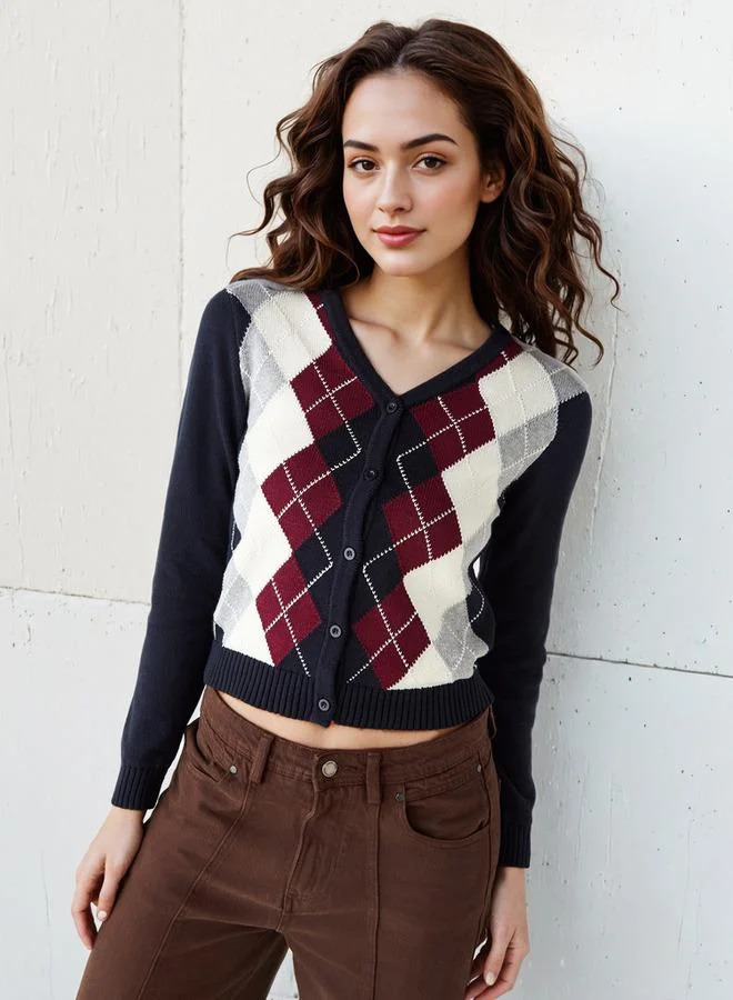 Lee Cooper Lee Cooper Argyle Print Cardigan with V-neck and Long Sleeves