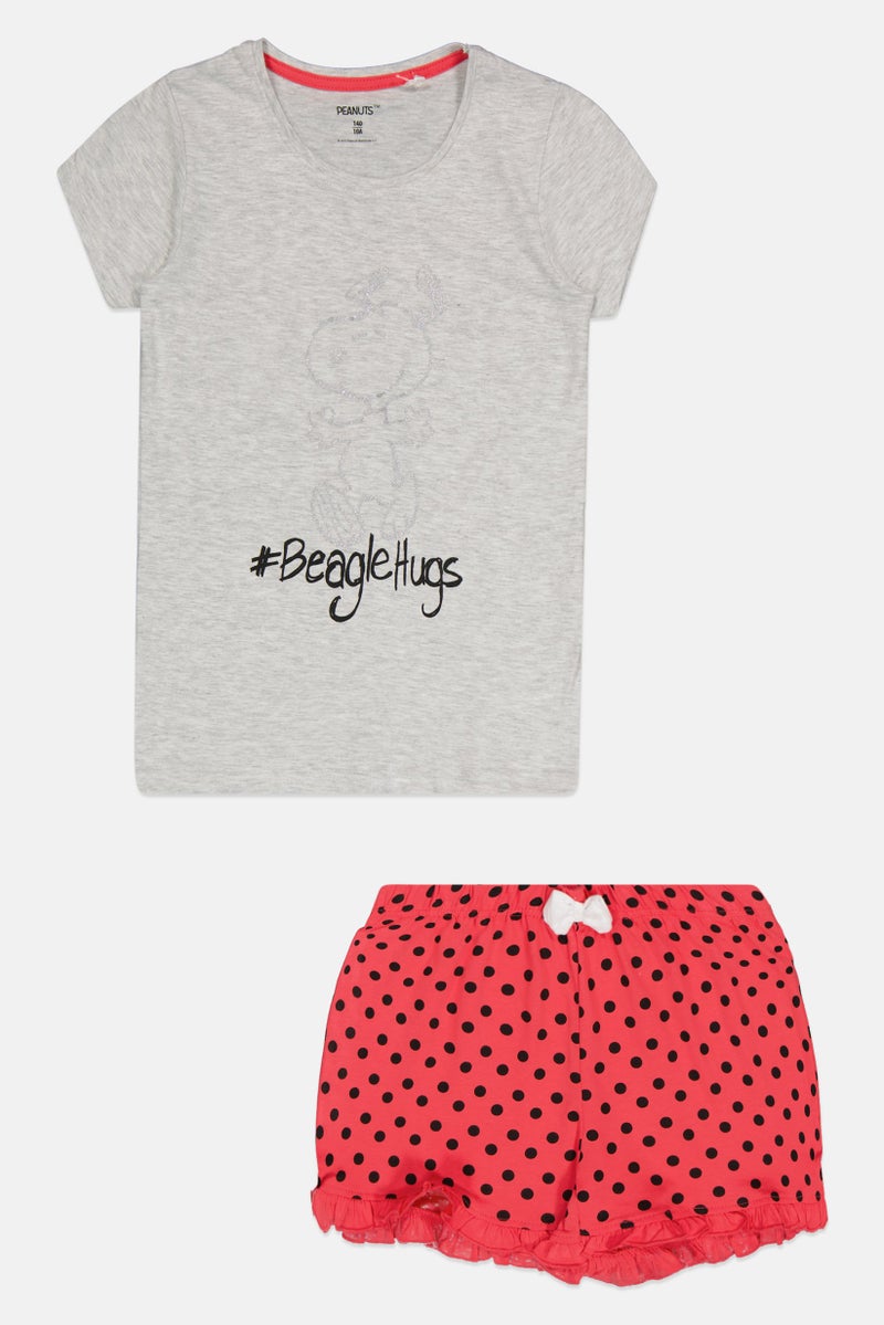 Peanuts Kids Girl 2 Pieces Graphic Print T-Shirt And Short Pajama Set, Multicolor - Image 1