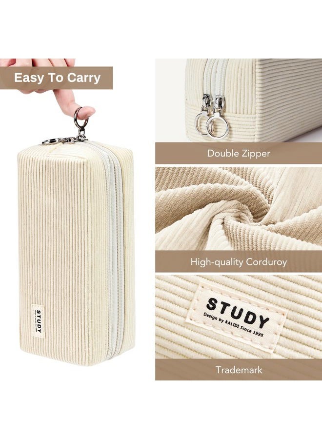 KALIDI FANCY FOREST KALIDI Large Pencil Case Corduroy Pencil Pouch Box Cute School Supplies for Teen Girls Boys, Beige - Image 3