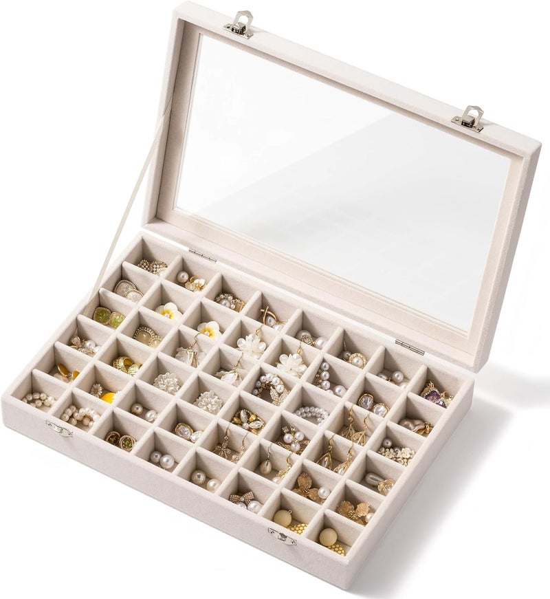 Josmimic 48 Grid Earring Organizer and Storage - Velvet Jewelry Tray with Lid, Jewelry Box for Studs, Earrings, Rings, Necklaces, Dresser & Vanity, Beige - Image 1