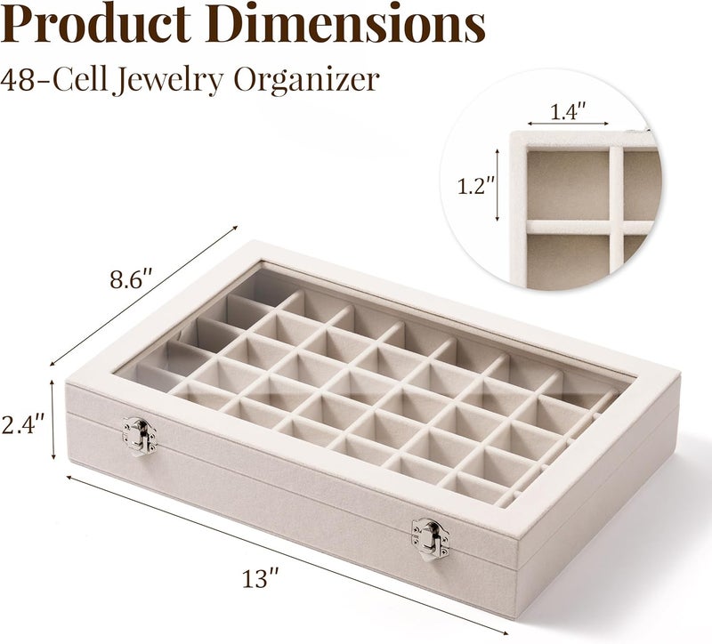 Josmimic 48 Grid Earring Organizer and Storage - Velvet Jewelry Tray with Lid, Jewelry Box for Studs, Earrings, Rings, Necklaces, Dresser & Vanity, Beige - Image 3