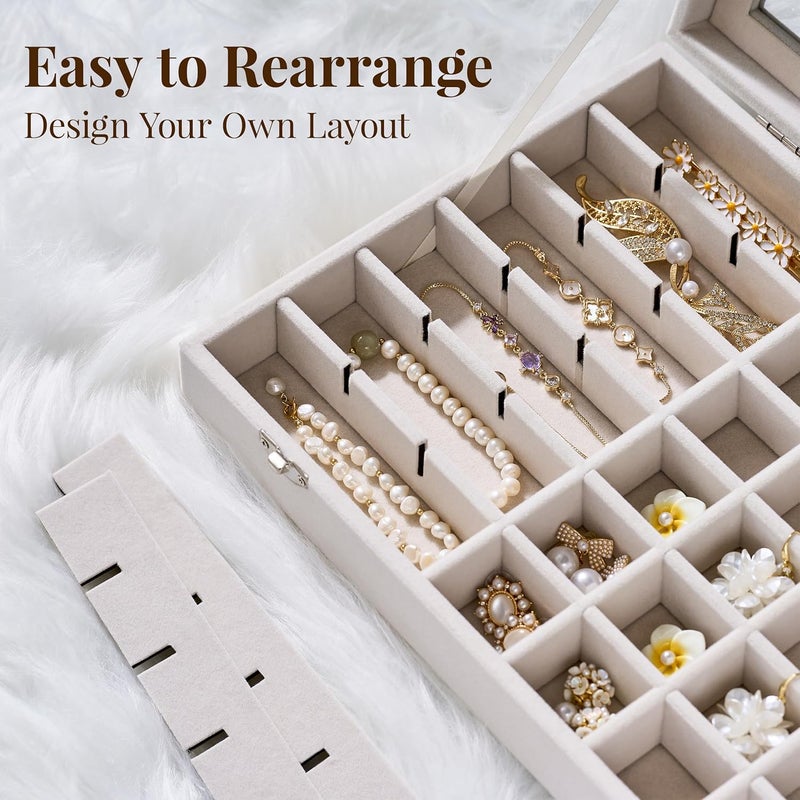 Josmimic 48 Grid Earring Organizer and Storage - Velvet Jewelry Tray with Lid, Jewelry Box for Studs, Earrings, Rings, Necklaces, Dresser & Vanity, Beige - Image 5